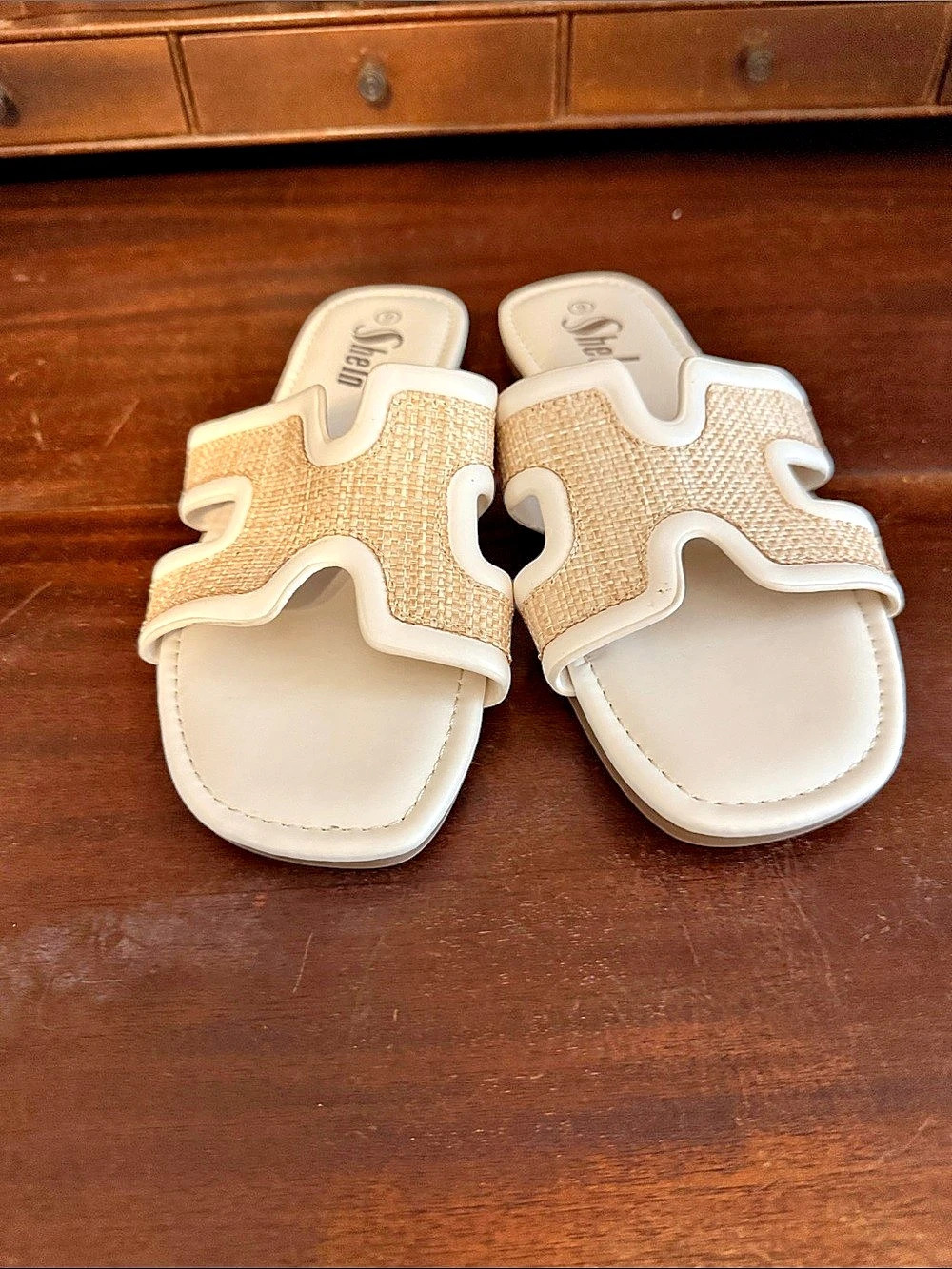 SheIn Textured H-Strap Sandals in White & Beige Like New